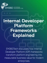 A blue and green gradient graphic titled “Internal Developer Platform Frameworks Explained.” The EM360 logo appears in the top left corner. The subtext reads: “EM360Tech discusses how Internal Developer Platform (IDP) frameworks transform platform engineering into measurable business value for modern enterprises.”