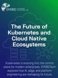 Header image for EM360Tech&rsquo;s article titled &ldquo;The Future of Kubernetes and Cloud Native Ecosystems.&rdquo; The EM360Tech logo appears at the top left on a blue and green gradient background with faint cloud and Kubernetes icons. The text reads: &ldquo;Kubernetes is evolving into the control plane for modern enterprises. EM360Tech explores how AI, edge, and platform engineering are reshaping its future.&rdquo;