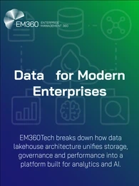 EM360Tech title graphic with the heading &lsquo;Data Lakehouse Architecture for Modern Enterprises&rsquo; and the subtitle &lsquo;EM360Tech breaks down how data lakehouse architecture unifies storage, governance and performance into a platform built for analytics and AI,&rsquo; displayed on a blue-to-green gradient background with faint line-art data icons.
