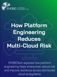 Gradient background graphic in blue and green featuring cloud, gear, shield, and warning icons in outline. The EM360Tech logo appears at the top left, with bold white text reading &ldquo;How Platform Engineering Reduces Multi-Cloud Risk.&rdquo; Subtext below says, &ldquo;EM360Tech explores how platform engineering helps enterprises reduce risk and improve resilience across distributed cloud ecosystems.&rdquo;