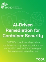 A gradient EM360Tech header graphic featuring a shield outline, stacked container icons, and a stylised AI brain in line-art style. The title reads “AI-Driven Remediation for Container Security,” with supporting text explaining that EM360Tech explores why modern container security depends on AI-driven remediation to close the widening gap between detection and action.
