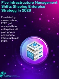 Graphic titled “Five Infrastructure Management Shifts Shaping Enterprise Strategy in 2026.” The image features a stylised server stack icon surrounded by a digital network pattern. Text explains that five defining moments from 2025 reshaped how enterprises will plan, govern, and operate infrastructure in 2026. EM360Tech branding appears in the lower-left corner.