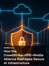 A dramatic digital illustration of a secure AI infrastructure scene with glowing cloud icons and a central orange shield inside a futuristic server room. The overlaid text reads: &ldquo;How the CrowdStrike&ndash;HPE&ndash;Nvidia Alliance Reshapes Secure AI Infrastructure&rdquo; with the EM360Tech label above it.