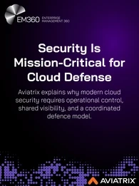 Header image with EM360Tech branding showing the headline “Security Is Mission-Critical for Cloud Defense” and a subtitle explaining Aviatrix’s perspective on operational control, shared visibility, and coordinated cloud security, set against a dark purple abstract data landscape with the Aviatrix logo.