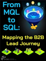 Illustration showing a stylised sales funnel with multiple coloured user icons entering at the top and coins exiting at the bottom. The graphic text reads “From MQL to SQL: Mapping the B2B Lead Journey”. Smaller icons along the bottom depict stages of work, collaboration, evaluation, and purchase, with EM360 branding in the corner.