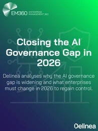 Header image for an EM360Tech article titled “Closing the AI Governance Gap in 2026”, featuring a green-to-deep purple gradient background with abstract AI circuitry, a security shield icon, and a rising bar chart, branded with Delinea and EM360Tech logos.