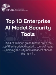 Dark blue and red gradient graphic featuring EM360Tech&rsquo;s logo and branding. Central headline reads &lsquo;Top 10 Enterprise AI Model Security Tools&rsquo; in bold white text. Supporting text beneath explains that the guide helps security and AI leaders choose the right tools for protecting enterprise AI systems. Background includes subtle line art of a robot, padlock, and AI chip symbol, reinforcing the theme of AI and cybersecurity