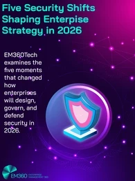 Graphic titled “Five Security Shifts Shaping Enterprise Strategy in 2026.” The image includes the text “EM360Tech examines the five moments that changed how enterprises will design, govern, and defend security in 2026.” A stylised shield icon sits at the centre within a glowing circular frame, surrounded by connected network nodes on a purple and pink digital background. EM360 and Enterprise Management 360 branding appears in the bottom left corner.