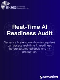 Header image showing EM360Tech and Ververica branding with the title “Real-Time AI Readiness Audit” and the subtitle “Ververica breaks down how enterprises can assess real-time AI readiness before automated decisions hit production,” set against a dark blue background with line-drawn icons representing AI, data pipelines, analytics, and performance metrics.