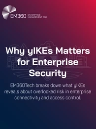 Graphic displaying the text &ldquo;Why yIKEs Matters for Enterprise Security&rdquo; followed by &ldquo;EM360Tech breaks down what yIKEs reveals about overlooked risk in enterprise connectivity and access control,&rdquo; with the EM360Tech logo at the top.