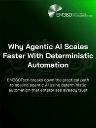Green and black EM360Tech header graphic featuring the title &ldquo;Why Agentic AI Scales Faster With Deterministic Automation&rdquo; and the subtitle &ldquo;EM360Tech breaks down the practical path to scaling agentic AI using deterministic automation that enterprises already trust.&rdquo; The background includes faint illustrations of AI robots, a gear, a wrench, and a growth chart, with the EM360 Enterprise Management 360 logo in the top right corner.