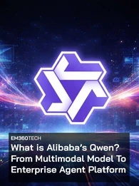 Header image for EM360Tech article titled “What is Alibaba’s Qwen? From Multimodal Model To Enterprise Agent Platform”. The graphic shows Qwen’s purple and white geometric logo glowing at the centre of a futuristic digital background filled with light trails, holographic data panels, and cloud icons. A dark translucent overlay contains the EM360Tech label and the article title in bold white text.