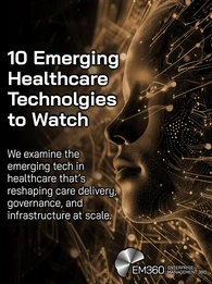 Graphic titled “10 Emerging Healthcare Technologies to Watch” showing a digital human face made of glowing data points and network lines, representing artificial intelligence and innovation in healthcare.