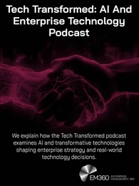Graphic featuring a human hand shaking a robotic hand in neon red tones against a dark background, symbolising collaboration between humans and AI. Text reads “Tech Transformed: AI And Enterprise Technology Podcast” with the EM360Tech logo, followed by: “We explain how the Tech Transformed podcast examines AI and transformative technologies shaping enterprise strategy and real-world technology decisions.”