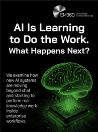 Header graphic showing the title “AI Is Learning to Do the Work. What Happens Next?” alongside the EM360Tech logo. A glowing green digital brain made of circuit patterns hovers above a microchip on a dark background, representing AI performing knowledge work within enterprise systems.