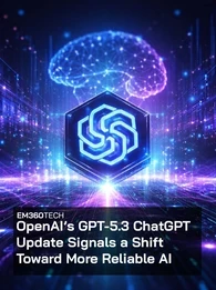 Header graphic for an EM360Tech article titled “OpenAI’s GPT-5.3 ChatGPT Update Signals a Shift Toward More Reliable AI,” showing a glowing AI brain above a digital network with the ChatGPT logo at the centre, symbolising advances in generative AI reliability and intelligence.
