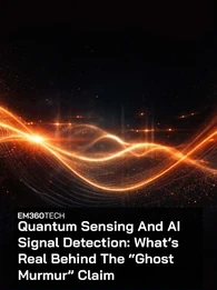 Black background with glowing orange wave-like light patterns. Overlaid text reads: “EM360TECH Quantum Sensing And AI Signal Detection: What’s Real Behind The ‘Ghost Murmur’ Claim.”