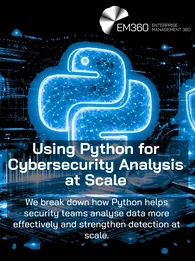 Cybersecurity-themed header image with a glowing blue Python logo over digital data visuals, including charts, cloud and shield icons, and a magnifying glass. Overlaid text reads &ldquo;Using Python for Cybersecurity Analysis at Scale&rdquo; with the EM360 Enterprise Management 360 logo in the top right and a subtitle about helping security teams analyse data and strengthen detection at scale.