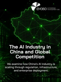 EM360Tech graphic titled &ldquo;The AI Industry in China and Global Competition.&rdquo; The image features a glowing neon green map of China connected by digital network lines against a mostly black background. A green-lit server rack appears on the left, a microchip and circuit board design spans the bottom, and a futuristic city skyline appears on the right. Subtitle text reads: &ldquo;We examine how China&rsquo;s AI industry is scaling through regulation, infrastructure, and enterprise deployment.&rdquo; The EM360 Enterprise Manageme