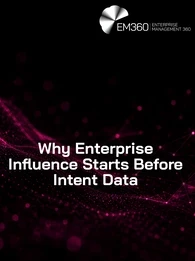 EM360Tech header graphic with the title “Why Enterprise Influence Starts Before Intent Data” in large white text on a mostly black background. Dark magenta digital wave patterns and connected network nodes flow across the left and right sides of the image, with the EM360 Enterprise Management 360 logo positioned at the top right. 