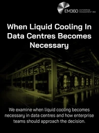 A dark, cinematic enterprise data centre scene with glowing liquid cooling infrastructure in yellow-green tones. Large white headline text reads &ldquo;When Liquid Cooling In Data Centres Becomes Necessary&rdquo;. Smaller subtitle text at the bottom says &ldquo;We examine when liquid cooling becomes necessary in data centres and how enterprise teams should approach the decision.&rdquo; The EM360 Enterprise Management 360 logo appears in the top right corner. 