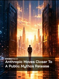 EM360Tech header graphic featuring the title &ldquo;Anthropic Moves Closer To A Public Mythos Release&rdquo; in large white text over a dark futuristic corridor. A glowing blue digital human profile made of interconnected data points appears on the left, while a large illuminated orange cybersecurity shield with a checkmark appears on the right. Open doors reveal a bright city skyline and streams of vertical data light in the background. A lone silhouetted figure stands in the centre of the corridor, reflected on the g