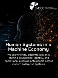 Dark futuristic EM360Tech header graphic showing a human silhouette made of digital particles at the centre of the image. Blue network connections and identity icons appear on the left, while orange interconnected nodes and enterprise system symbols appear on the right, representing decentralised machine economies and human oversight. Large white text reads “Human Systems in a Machine Economy” with smaller text underneath stating: “We examine why decentralisation is shifting governance, identity, and operat