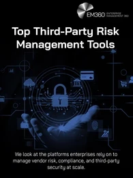 EM360Tech graphic titled “Top Third-Party Risk Management Tools” showing a glowing digital padlock hovering above an outstretched hand, surrounded by connected icons representing cloud services, finance, identity, procurement, analytics, and enterprise systems on a dark blue and black technology background. Text reads: “We look at the platforms enterprises rely on to manage vendor risk, compliance, and third-party security at scale.”