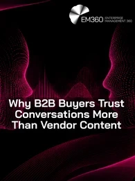 Header graphic with a black background and dark magenta digital wave patterns flowing across the top left and bottom right corners. Two abstract human faces made from glowing magenta dots face each other from opposite sides of the image, creating a sense of conversation and connection. Large white text in the centre reads: “Why B2B Buyers Trust Conversations More Than Vendor Content.” The EM360 Enterprise Management 360 logo appears in the top right corner.