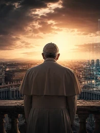 Header graphic showing Pope Leo XIV from behind, standing on a balcony overlooking Rome at sunset. St Peter&rsquo;s Basilica appears on the left beneath dark storm clouds, while a glowing digital globe made of interconnected data points and network lines fills the right side of the image. The scene contrasts traditional religious authority with modern technology and artificial intelligence, with the article title "What Everyone Is Missing About Pope Leo's Warning on Technology" displayed across the centre.