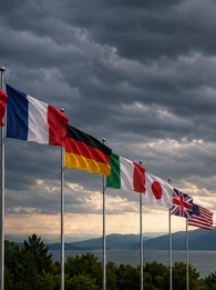 Banner image for news article about G7 summit showing various countries flags.