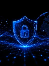 Header graphic for the article "Enterprise Security Lessons From Infosecurity Europe 2026" showing a glowing blue digital shield with a padlock at its centre, surrounded by interconnected network lines and a digital globe on a black background. The EM360 logo appears in the top right, with the subtitle: "We look at how the biggest themes from Infosecurity Europe 2026 reveal where enterprise security is heading next."