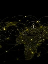 EM360Tech header graphic showing a global digital network map on a black background with olive-coloured connection lines and nodes. A warning symbol appears within the network, illustrating the risk of digital infrastructure failures spreading across interconnected systems. Text reads: "When Digital Infrastructure Failures Become Business Risks" with the subtitle: "We look at why understanding dependency chains is becoming just as important as preventing infrastructure failures."