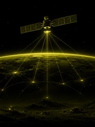 Header graphic showing a satellite in orbit above Earth, transmitting olive-green connectivity beams to remote communities below. A black background with glowing network lines links scattered homes across a rural landscape, while the title &ldquo;Why Satellite Internet Won&rsquo;t Solve The Digital Divide&rdquo; and a subtitle about affordability, trust and local infrastructure appear in white text.
