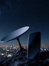 EM360Tech header graphic showing a satellite internet dish and smartphone overlooking a city skyline at night beneath a star-filled sky, representing Starlink's expansion into the US mobile market and competition with established telecommunications providers. The headline reads: "Starlink Eyes US Mobile Market in Direct Challenge to Telecoms Giants."