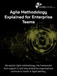 Black technology-themed EM360Tech banner featuring an olive-green circular digital interface graphic on the left, connected hexagonal network shapes on the right, and flowing data-wave patterns across the bottom. Large white text reads &ldquo;Agile Methodology Explained for Enterprise Teams&rdquo;. Smaller text below reads &ldquo;We explain Agile methodology, the frameworks that support it, and why enterprise organisations continue to invest in Agile delivery.&rdquo; The EM360 Enterprise Management 360 logo appears in the upper-ri