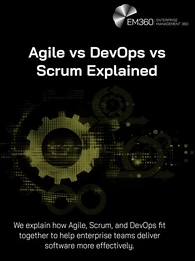 EM360Tech header graphic titled "Agile vs DevOps vs Scrum Explained" on a black background with olive green abstract workflow lines, circular process diagrams, network connections, and a gear icon representing software delivery and collaboration.