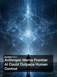 EM360Tech header graphic showing a lone human silhouette standing in a dark futuristic control room, facing a huge glowing blue AI network made of connected nodes, vertical light streams and data-like structures. The headline reads: &ldquo;Anthropic Warns Frontier AI Could Outpace Human Control.&rdquo;