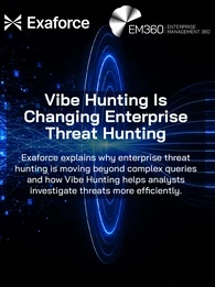Header graphic for the EM360Tech article "Vibe Hunting Is Changing Enterprise Threat Hunting", featuring a black background with glowing blue digital network connections flowing into a central light source and streamlined data paths extending across the image. The design symbolises AI-powered threat hunting, data analysis, and cybersecurity investigation. The Exaforce and EM360Tech logos appear at the top, with the title and subtitle overlaid in white text.