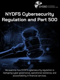 Header graphic for an EM360Tech article titled “NYDFS Cybersecurity Regulation and Part 500.” The image has a mostly black background with glowing blue digital cityscape elements and circuit-like lines across the bottom. A blue cybersecurity shield with a padlock icon appears on the right side, representing cyber protection and regulatory security controls. The EM360 Enterprise Management 360 logo appears in the top right corner. Subtitle text reads: “We examine why decentralisation is shifting governance, 