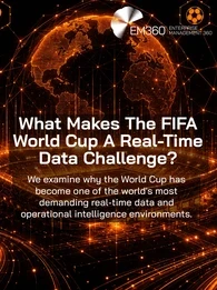 Header graphic showing a glowing orange digital globe connected by a network of data points and lines above a stylised football pitch. Surrounding the globe are icons representing player analytics, security cameras, Wi-Fi, mobile devices, ticketing, transport, streaming, location tracking, and business intelligence dashboards. The headline reads "What Makes The FIFA World Cup A Real-Time Data Challenge?" with a subtitle explaining that the article examines why the World Cup has become one of the world's mos