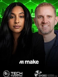 Podcast studio scene showing host Trish Pillay speaking with guest Darin Patterson, VP Product Advocacy and Market Strategy at Make, during a discussion on enterprise AI ROI challenges.