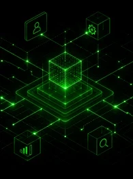 EM360Tech article header titled "AI Integration Is Becoming An Architecture Problem". The graphic features a black background with a glowing green network of interconnected nodes, data, identity, analytics, and document icons arranged around a central digital architecture structure, representing the growing role of enterprise architecture in AI adoption and integration. The subtitle reads: "We explore why AI adoption increasingly depends on enterprise architecture rather than AI capabilities alone."