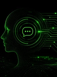 EM360Tech graphic titled &ldquo;What Is Virtual Assistant Technology?&rdquo; featuring a digital green-on-black interface with a stylised human profile, circular AI-inspired visual elements, and connected data pathways linking icons representing documents, databases, workflows, and users. The graphic explores how virtual assistant technology has evolved from basic assistants into intelligent systems that support enterprise operations.