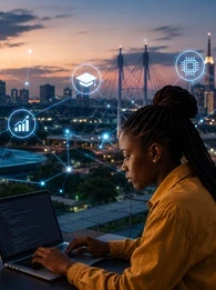 Header graphic for an EM360Tech article titled "Digital Skills in Africa: Can Infrastructure Investment Create Youth Opportunity?" showing a young woman working on a laptop overlooking a modern African city skyline at sunset, with digital network icons representing cloud computing, connectivity, education, technology skills and digital growth.