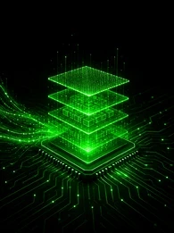 "EM360Tech header graphic with the title 'How AI Became Operational Infrastructure'. The subtitle reads: 'We look at how enterprise AI moved from isolated experiments into the platforms, workflows and systems businesses now rely on.' The design features a black background with glowing green data pathways connecting chat, document, database, and workflow icons. On the right, a layered digital platform stack rises from a computer chip, representing enterprise AI infrastructure. The EM360 Enterprise Management