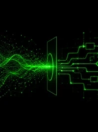EM360Tech header graphic titled "Probabilistic AI Systems in Deterministic Workflows". The background features a black backdrop with bright green abstract data waves flowing into structured workflow diagrams and circuit-like pathways, symbolising probabilistic AI transitioning into deterministic enterprise processes. The subtitle reads: "We explain why probabilistic AI systems require deterministic controls to keep enterprise workflows reliable, governed and safe to scale." The EM360Tech logo appears in the