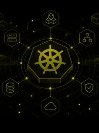 EM360Tech article header titled "Kubernetes Orchestration for Enterprises". The design features a black background with olive-gold Kubernetes-inspired infrastructure graphics, including server, database, security, container, and network architecture icons connected through a central orchestration hub. Abstract data flow lines and interconnected nodes illustrate how Kubernetes coordinates enterprise applications, infrastructure, governance, security, and operational management. 