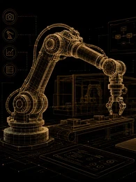 Header graphic for an EM360Tech article titled Robotics Programming for Enterprise. A gold wireframe industrial robotic arm dominates a black background filled with robot control interfaces, programming dashboards, flowcharts and code displays. The subtitle reads: "We explain how enterprises programme, test and control robots as development tools become easier to use and operational systems grow more complex." The EM360Tech logo appears in the top right corner. 
