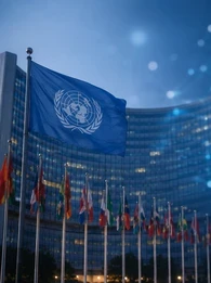 UN headquarters building with a United Nations flag in the foreground and a glowing digital AI network visualisation overlaid against a blue background, illustrating global concerns about artificial intelligence governance and regulation. Visible text reads: "EM360TECH UN Chief Warns AI Is Outpacing Global Rules". 